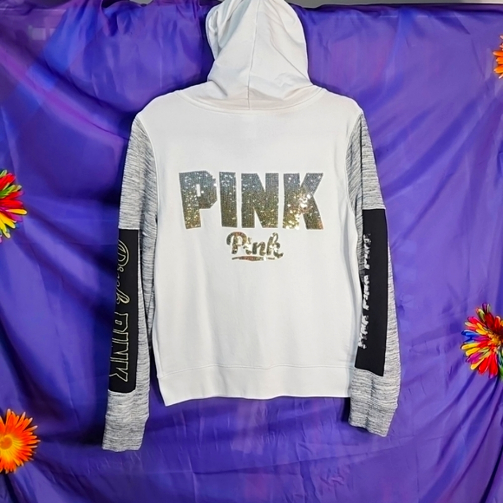 VS PINK - White and Gray Bling Hoodie with Metallic Detailing - Size Lar…